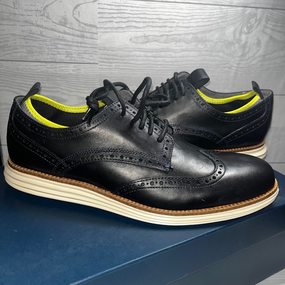 Cole Haan Original Grand Wingtip Oxford Shoes Leather Black Mens Neoprene 9M - Picture 1 of 6